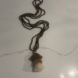 17" genuine tiger eye beaded double strand necklace with 3” tassel tricolor